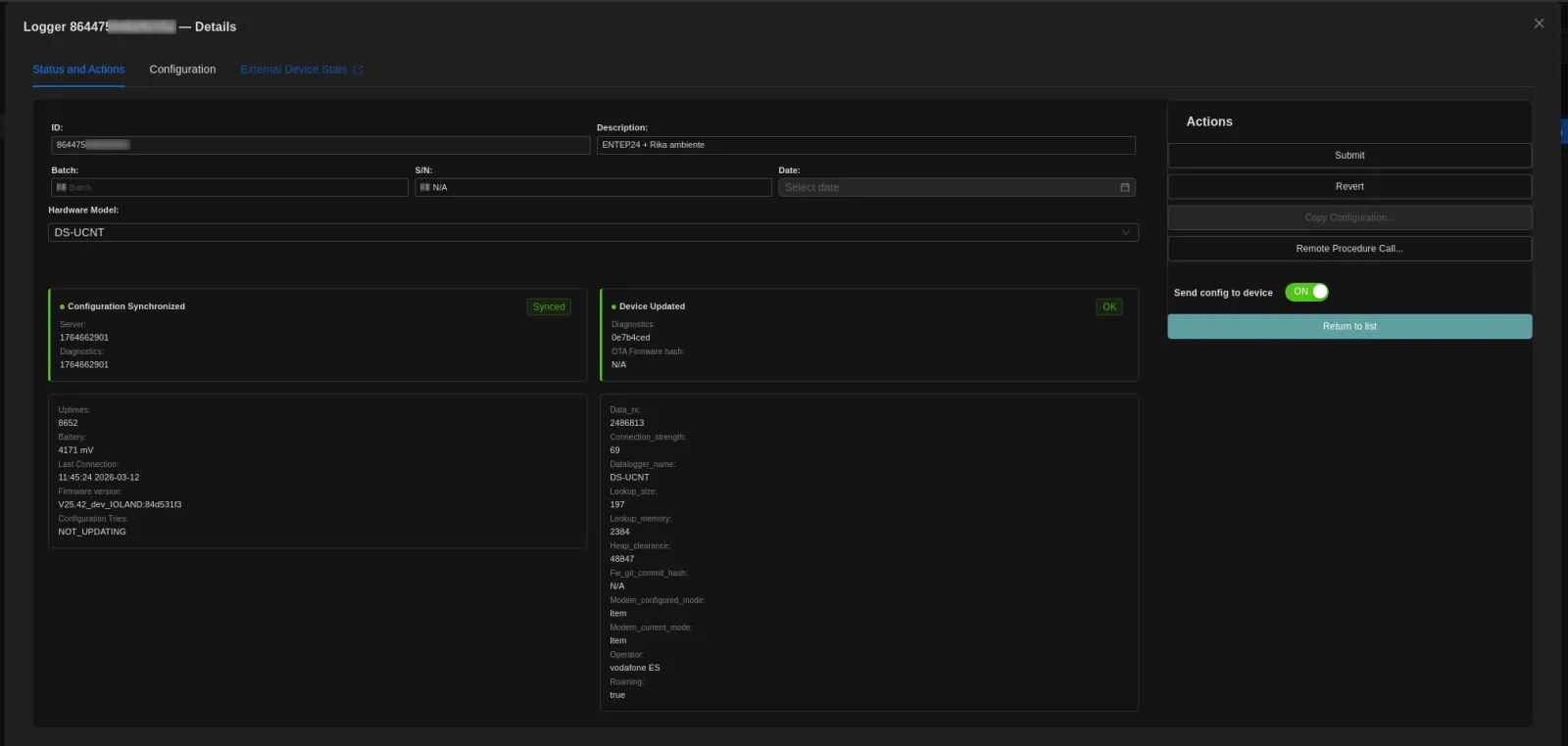 Datasense Hello device status and actions